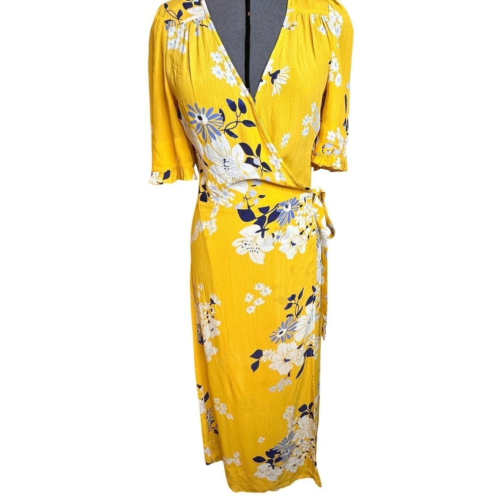 SEA NEW YORK Yellow Floral Wrap Pia Midi Dress Size 0 Ruffle Sleeve Viscose